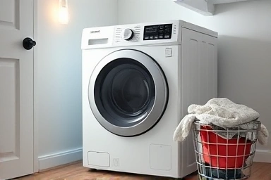 Modern laundry room, energy-saving dryer, smart home appliance