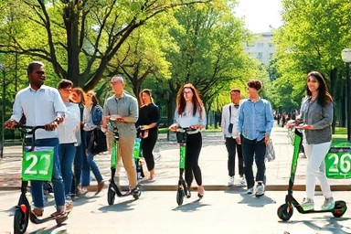 People enjoying electric scooters in a sunny city park.