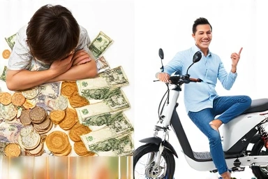Contrast between financial stress and electric scooter cost savings.