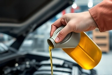 Mechanic pouring engine oil into car engine.