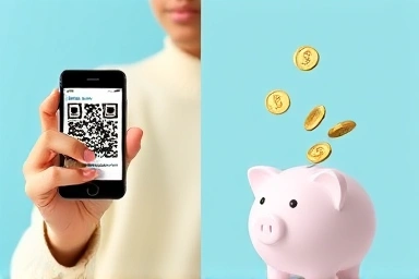 QR code scan for eSIM activation, piggy bank saving money
