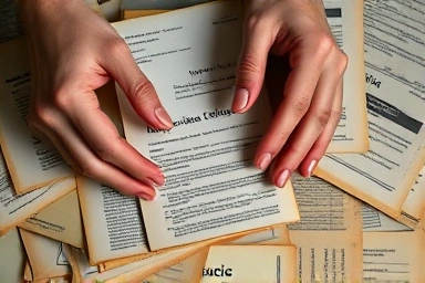 Hands sifting through old insurance documents, highlighting one unclaimed fund.