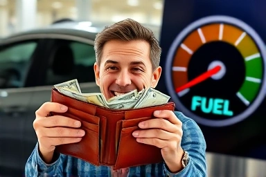 Saving money on gas, full wallet, happy driver, car