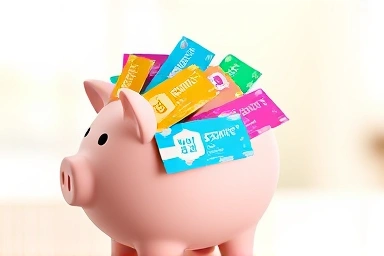 Piggy bank overflowing with digital gift certificates, symbolizing savings