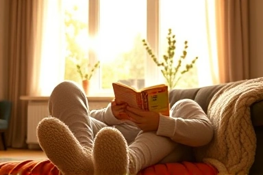 Cozy living room with warm indoor clothing and sunlight.