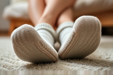 Close-up of plush sleep socks on feet on a rug.