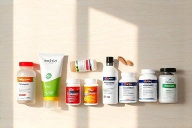 Healthy supplements arranged on a wooden surface, bright lighting.