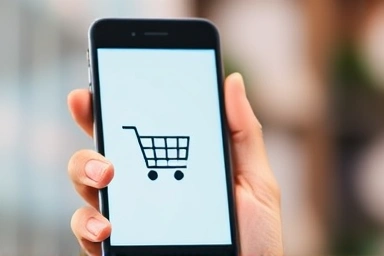 Hand holding smartphone with shopping cart icon, online shopping.
