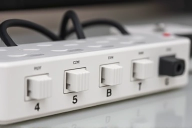 Close-up of power strip with individual switches labeled