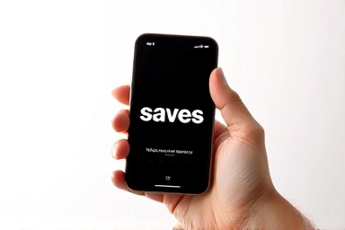 Hand holding iPhone showing savings graphic