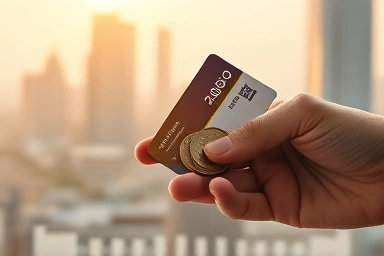 Hand holding coins and transit card, symbolizing savings.