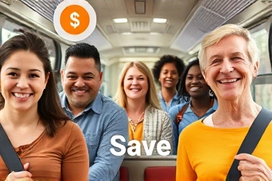 People happily using public transport, symbolizing cost savings.