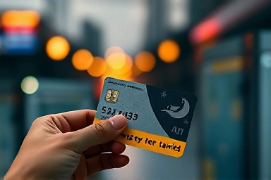 Close-up of a transit card with subtle glowing lines symbolizing savings.
