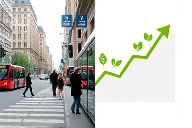 Split image: public transport city scene and financial growth graph.