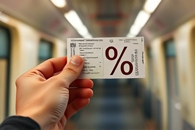 Train ticket with discount symbol, smart travel savings