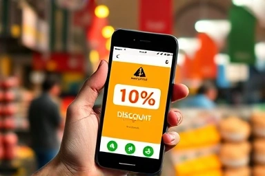 Smartphone showing local currency app with 10% discount notification