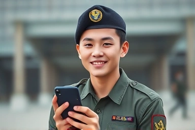 Soldier happily using phone with military benefits