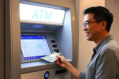 Person receiving cash from a modern ATM.