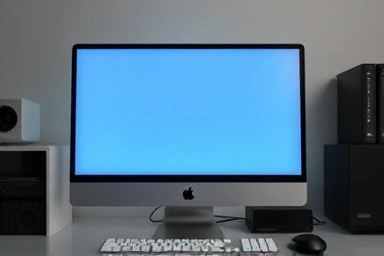 Energy-saving computer monitor in a clean workspace.