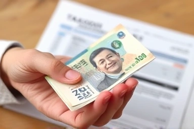 Hand holding money with tax documents, financial benefit