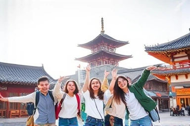 Young travelers exploring diverse Korean landmarks with excitement.