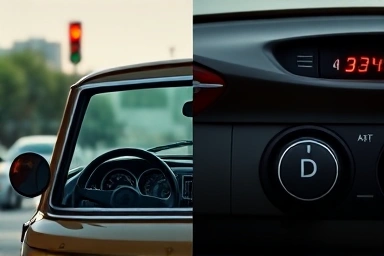 Modern vs vintage car at red light, fuel saving comparison