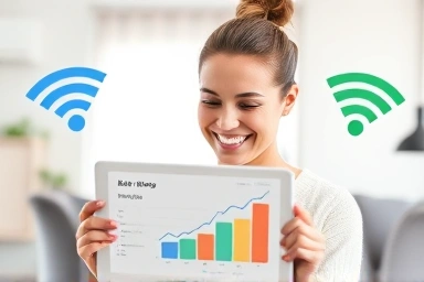 Happy person saving money on internet bills with a budget graph.