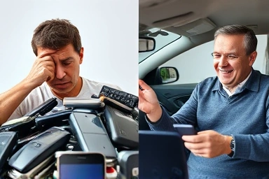 Person happily using old phones for navigation and security.