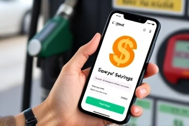 Hand using Opinet app at a gas station for savings