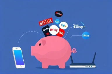 Piggy bank with streaming service logos, representing OTT bundle savings.