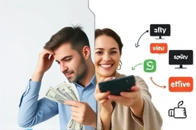 Person transitioning from financial stress to entertainment joy with streaming.