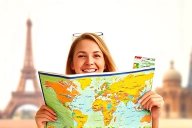 Happy traveler with discount transport pass and map