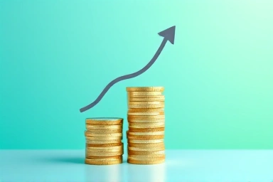Financial growth infographic with coins and upward arrows.