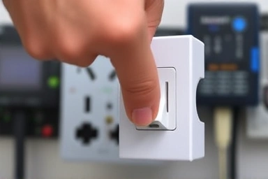 Hand flipping a power strip switch to save electricity.