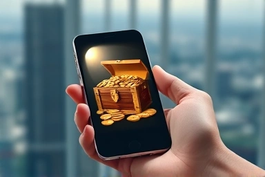 Hand holding smartphone, revealing treasure chest of savings.
