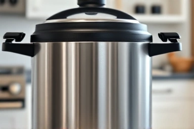 Modern pressure cooker releasing steam, symbolizing energy efficiency.