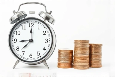 Clock hands speeding up next to growing coins, symbolizing time and money savings.