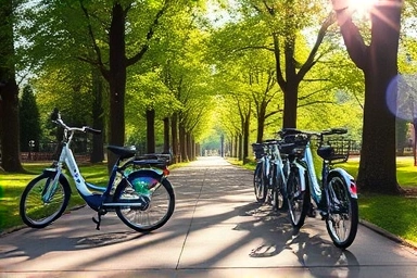 City park path with shared bicycles, sunlight through trees