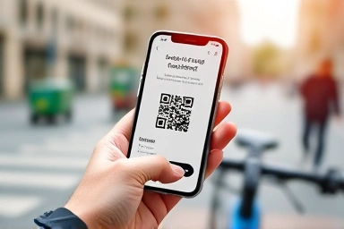 Smartphone scanning QR code on a public bicycle, urban background