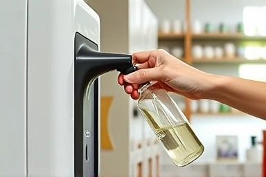 Hands refilling reusable bottle at eco-friendly station