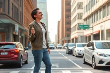 Relief from urban parking stress, happy driver finds parking.