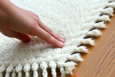 Close-up of thick, soft rug on wooden floor.