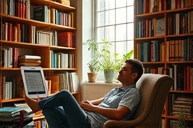 Person reading digital book in cozy library setting