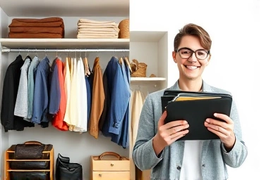 Stylish wardrobe and happy person with money, symbolizing clothing budget savings.