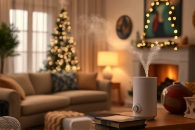 Cozy living room with humidifier in winter