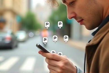 Person using a smartphone app to find affordable parking in a city.