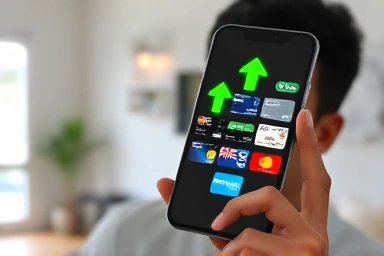 Smartphone showing credit cards with savings arrows, modern home.