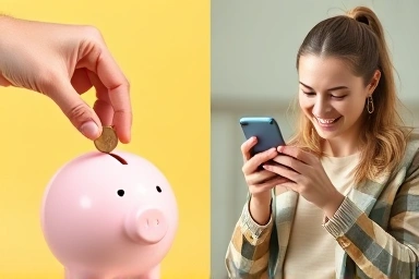 Coins in piggy bank and person using phone happily.