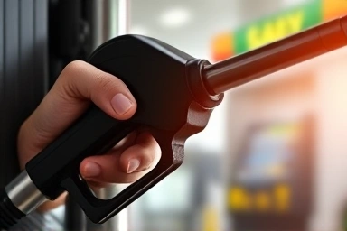 Hand holding gas pump nozzle with coins symbolizing savings