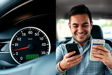 Car fuel gauge comparison: empty vs. full, showing savings
